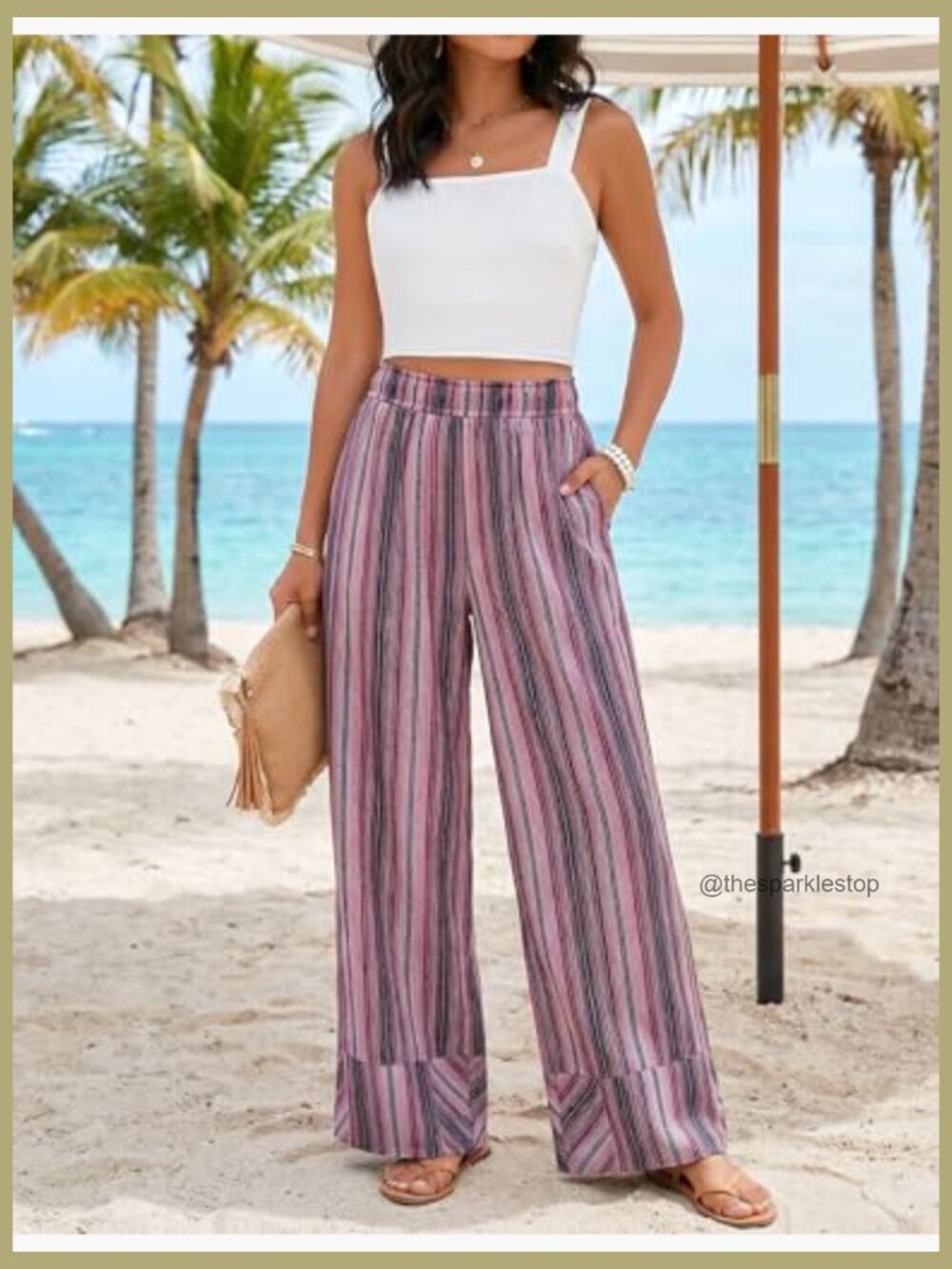 Women's Striped Wide Leg High Waisted Flowy Palazzo Pants Casual Summer Lounge - Picture 2 of 6